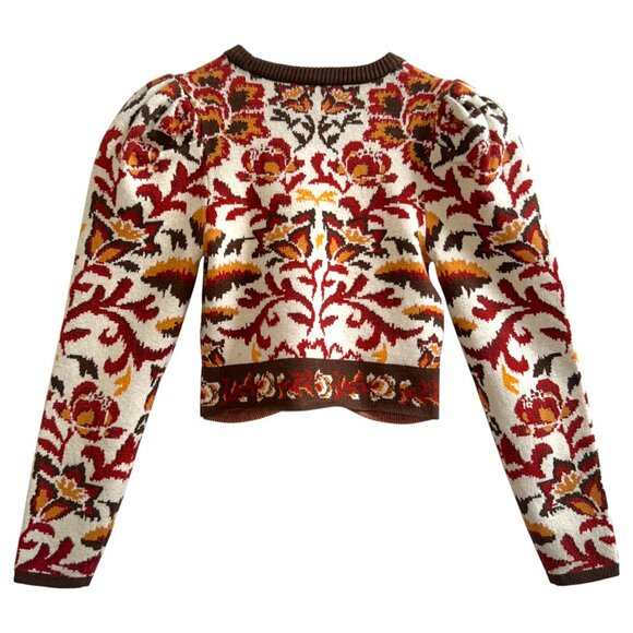 FARM Rio Cropped Floral Jacquard-Knit Sweater XS Colorful Boho Top - Picture 4 of 9
